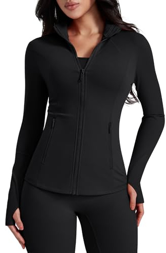 AVGO Womens Workout Jackets Lightweight Athletic Zip Up Jacket Slim Fit Running Gym Top with Pockets & Thumb Holes(Black, L)