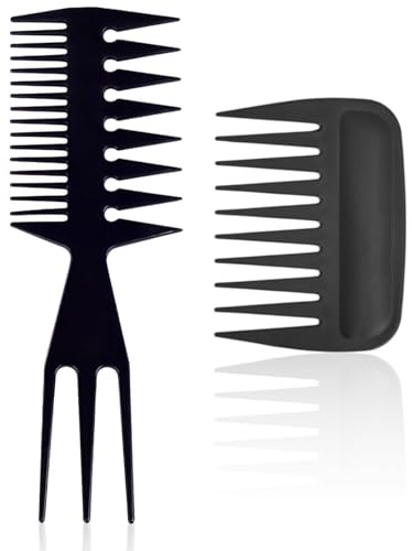 FUGLUS 2 PCS Pettine a Denti Larghi,Pettine 3 in 1,Pettini Capelli Antistatico,Pettini Olio Vintage,per Parrucchieri Donne Uomini Salone Ricci Lisci Varie Acconciature(Nero)