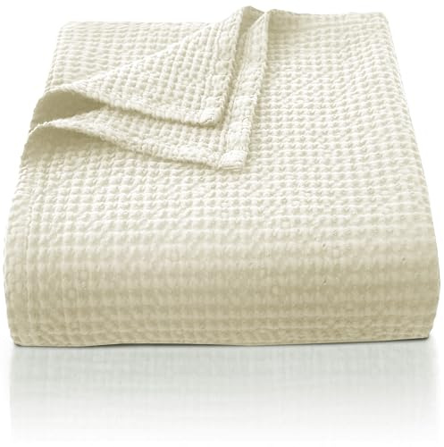 CHUFFED Manta de punto gofre 100% algodón, tamaño Queen, manta para cama, sofá, viajes, suave, ligera, transpirable, para todas las estaciones, color beige, 220 x 240 cm