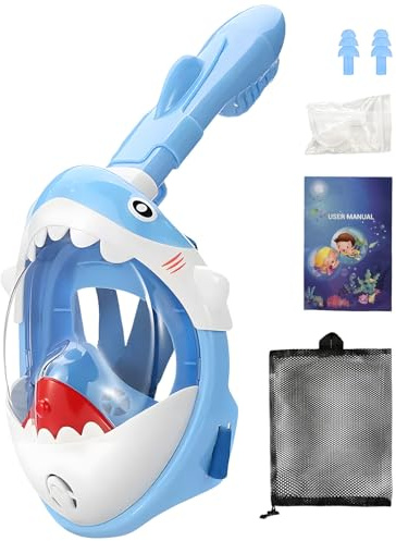 Zumhigh Kids Snorkeling Mask Full Face Design, 180° Panoramic View Children's Snorkel Mask with Dry Top System, Anti-Fog Anti-Leak Shark Theme Diving Mask for Swimming & Water Sports