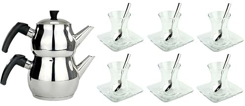 Original türkisches Tee-Set 'Basic Plus K'/ 6 klassische Gläser/ 6 Rührlöffel (von KD)/ 6 Untersetzer/ 1 Teekocher Teekannen Set (Marke RS)