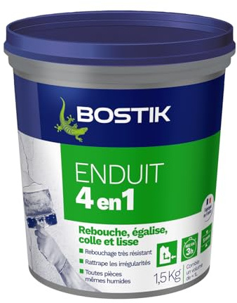BOSTIK Enduit Mural 4 en 1 Pâte – Rebouche, Egalise, Lisse, Colle – Intérieur/Extérieur – Couleur : Blanc – Pot de 1.5kg