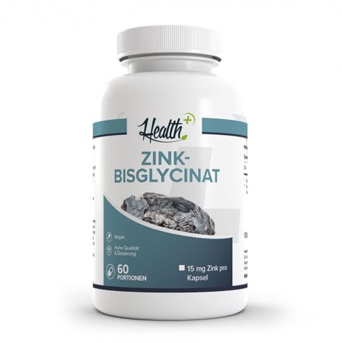 Health+ Zink, 120 Kapseln mit 15 mg Zink pro Kapsel, wichtig für Haut, Haare und Nägel, Made in Germany
