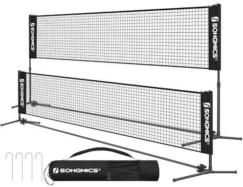 SONGMICS Rete da Badminton Tennis Pallavolo 5 m, con Pali ad Altezza Regolabile, Rete Portatile per Volano Beach Volley, Pickleball, Giardino Parco Esterno, Nero SYQ500HV1