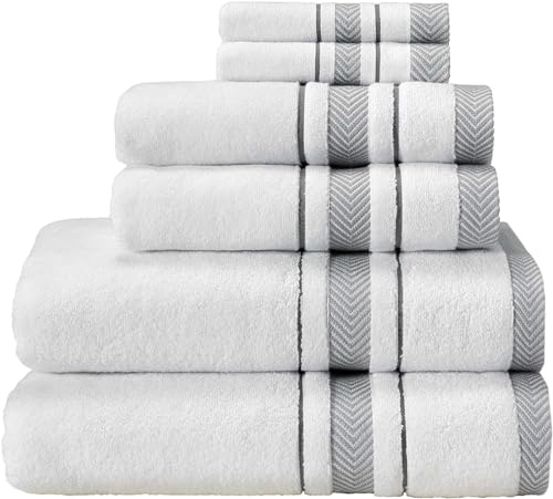 Bath Towels Set for Bathroom – Luxury 6-Piece Cotton Towels, Soft Absorbent & Quick Dry, 600 GSM Bath Towels for Bathroom, Hotel Spa Quality (2 Bath, 2 Hand, 2 Washcloths, White Grey Stripe)
