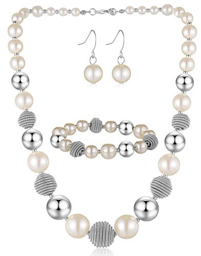 BULINLIN Chunky Beaded Silver Necklace Earrings Pearl Handmade Bracelet Set Statement Costume Fashion Jewellery Set Birthday Gifts for Women