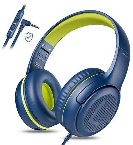 awartue Auriculares Niños con Cable Audio 3.5mm, Volumen Limitado 85/94dB, Diadema Ajustable Almohadillas Suaves, Cascos Infantiles para Clases Online/Viajes/Estudi, Azul y Verdoso