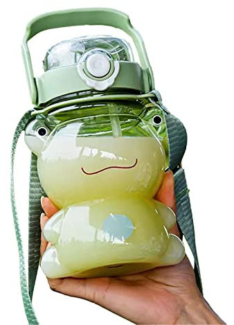 Keptfeet Bottiglia d'Acqua di Rana per Bambini - Borracce Sportive Portatili con Cannuccia e Cinturino - Bottiglia d'Acqua Grande e Carina Trasparente per Ragazze, Bambini, Donne