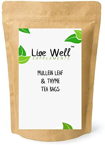 Live Well Supplements™ Mullein Leaf & Thyme Blend Herbal Tea Bags For Lungs & Throat, (50 Tea Bags) 20-30 Cups