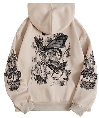 SOLY HUX Women's Graphic Hoodies Butterfly Print Long Sleeve Drawstring Pocket Sweatshirt Pullover Tops Apricot Graphic M