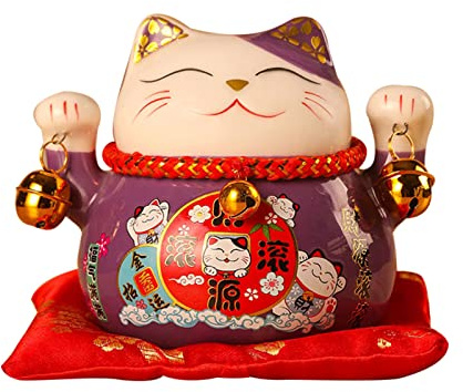 Jenngaoo Estatuilla Cerámica Gato de la Suerte 4.5 Pulgadas, Adorno para Hogar Oficina Atrae Riqueza y Buena Suerte, Decoración Feng Shui Color Púrpura
