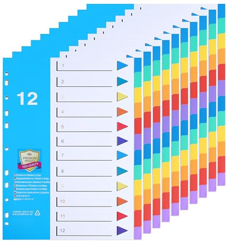 [10 Stück]12-teiliges Register für Ordner A4 1-12,Farbig Ordner Trennblätter aus PP für Schule, Büro