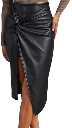 tinetill Gonna Pelle PU Midi Donna con Spacco Vita Alta Gonne al Ginocchio Aderente Elegante Casual A-Line Lunga Estiva Attillata