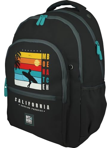 Grafoplás | Skolryggsäck med tre fack | 33 x 46 x 22,5 cm | Vadderat område för bärbar dator | Roomy-modell | Kalifornien design | Bits och Bobs Pop Up | Perfekt för skolmaterial, svart, 33x46x22,5cm,