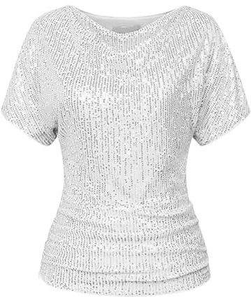 Maglia Donna Elegante Paillette Taglie Forti Scollo a V Elegante Camicia Brillantini Capodanno Con Lustrini Magliette Glitter Cocktail Manica Corta Tops Cerimonia Curvy Per Feste E Serate T Shirt 2025