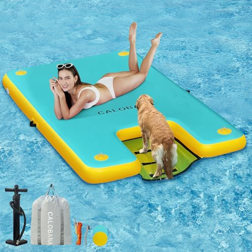 CALOBANA Piattaforma gonfiabile, galleggianti per piscina con rampa per barca, isola galleggiante, per lago, isola, piscina, pontile marino, verde menta e giallo