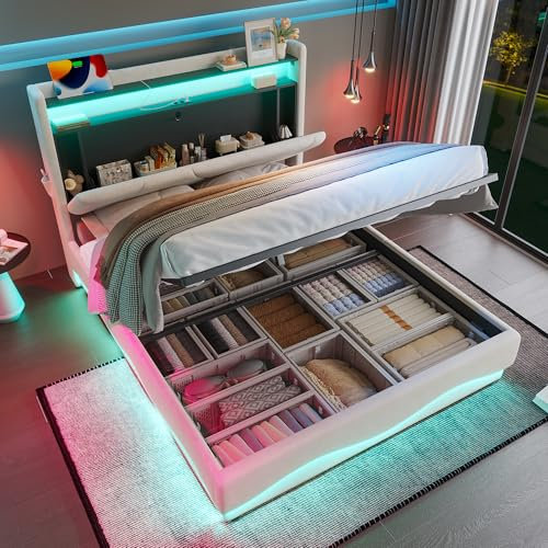 RIAZOS Polsterbett 140x200, Hydraulischer Stauraumbett, Doppelbett mit USB Type-C-Ladefunktion, Stauraum-Kopfteil mit LED Ablageflächen, Jugendbett Erwachsenenbett, Beige, Ohne Matratze