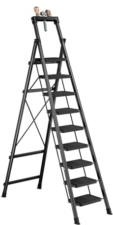 9 Step Ladder with Tool Tray,Folding Step Stool with Wide Pedal,Safety Locking,Convenient Tool Platform,Sturdy Steel Ladder Portable Safety Ladder for Painting Home Garden Outdoor Garage