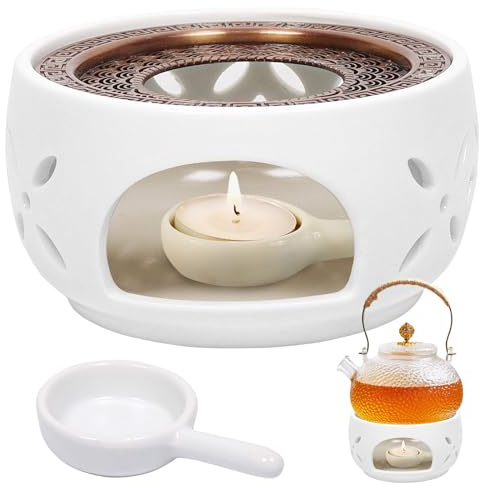 Stövchen, Stövchen für Teekanne, Stövchens Keramik, Stövchens Porzellan Weiß, Teekannen Porzellan, Kaffee,Tee oder Milch Erhitzen und Aufbewahren,Teekannestövchen mit Kork Kissen mit Kerzenhalter (B)