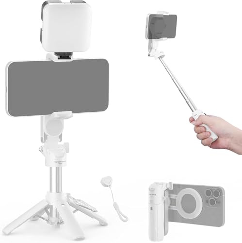 NEEWER BASICS Magnetic Selfie Stick Tripod Compatible with Magsafe iPhone Samsung Android, Portable Extendable Desk Stand with Cell Phone Grip Holder Detachable Remote for Video Recording, PA985 White