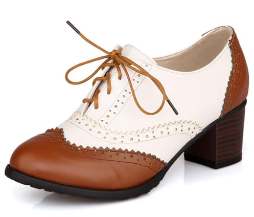 Oxfords Wingtip Brogue Vintage Femme Talon Bloc Épais Cuir Verni Lacets Escarpins pour Style Bureau Rétro et Look Streetwear Automne,Marron,41 EU