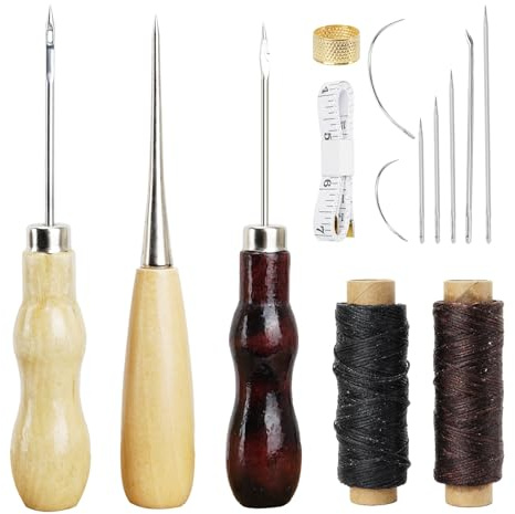14 Pièces Aiguilles Couture Cuir Kit, 2 Fil Ciré, Poinçon, Aiguille à Cuir et dé à Coudre, pour La Réparation Du, Chaussures, Ceintures, Sacs et Sièges Voiture