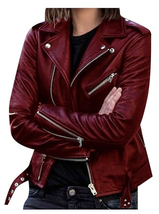 BOFETA Mujer Tallas Grandes Abrigos De Moto De Manga Larga Chaquetas Motero Corte Ajustado Cuello Reversible Chaqueta De Moto Burdeos XS