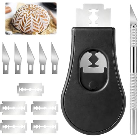 Henjunu Set di 2 Coltello Pane da Panettiere – 10 Lame di Ricambio, Coltello per Tagliare l'impasto, Accessori per la Panificazione per tagli dritti e curvi per la cottura del pane fai da te