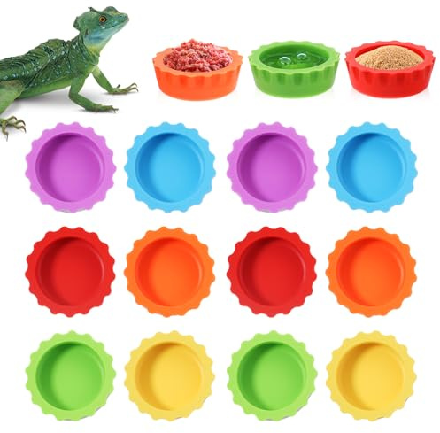 Xinjoduz Paquete de 12 platos pequeños de silicona para alimentación de reptiles, cuenco de agua, fácil de limpiar, accesorios para cangrejo ermitaño, tarántula, isópodos, caracoles y lagartijas (6