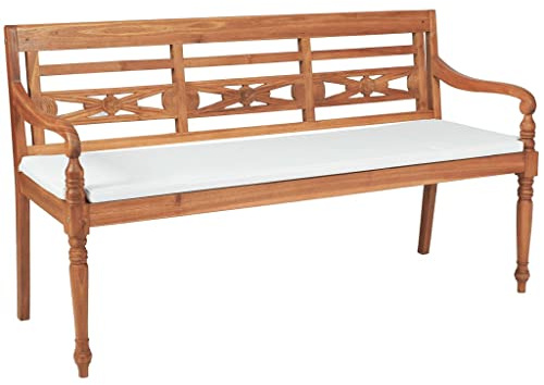 Cartvyn Batavia trädgårdsbänk 150 cm av finslipad teak med stoppning, väderbeständig och robust, perfekt som sittbänk för balkong, terrass och trädgård, utomhusanvändning, bekväm 3-sits