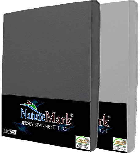 NatureMark 2er Pack Jersey Spannbettlaken, Spannbetttuch 100% Baumwolle in vielen Größen und Farben MARKENQUALITÄT ÖKOTEX Standard 100 | 120x200 cm - Anthrazit/Silber