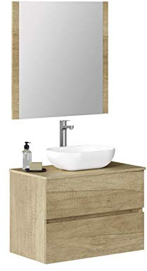 Baikal Baño Onyx, 2 cajones, suspendido en Pared, con Lavabo cerámico. Mueble Montado, Melamina 16,Mueble F46 + Top + Lavabo + Espejo 70 cm Nature