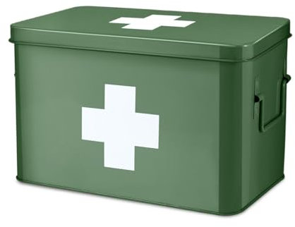 Flexzion Medizinbox, Hausapotheke Box, Apothekenbox - 31x21x19cm Medikamenten Aufbewahrung Box aus Metall für Notfall, Erste Hilfe Schrank, mit Seitengriffen, abnehmbarem Tablett & 5 Fächern, grün