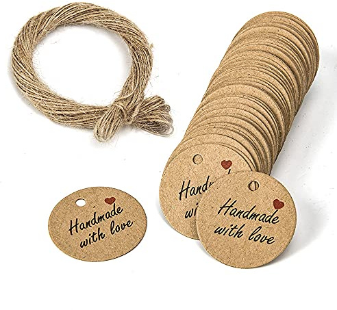 200 etichette regalo in carta kraft, WhatUneed Hand Made Paper Label for Birthday Wedding Party Favor Hanging Tag with 40 Meters Jute Twine (Brown)