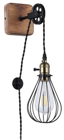 BARCELONA LED Aplique de Pared Vintage Industrial PENDOL con Enchufe e Interruptor | Lámpara de pared Colgante Regulable con Polea, Jaula Metálica E27 | Aplique Retro Negro para dormitorios, salones