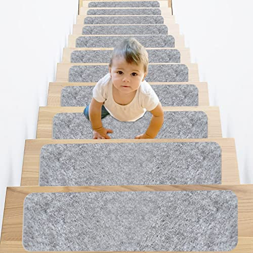 Stairs Carpet mats, 55 * 20CM self-Adhesive Floor Stair Carpets treads Non Slip Rectangular Rug, Carpet treads for Solid Wood Stairs, Safety Washable Rug for Kids Elders and Pets 14Pcs