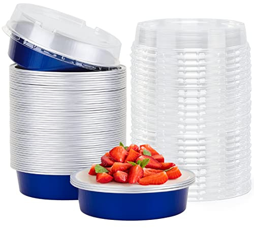 Beasea Mini Tart Pan 50 Pack with Lids, 4 Inch 8oz Jewelry Blue Disposable Aluminum Baking Foil Tins Small Round Container for Individual Dessert Cupcake Muffin Cheesecake Ramekins Quiche Oven Dishes