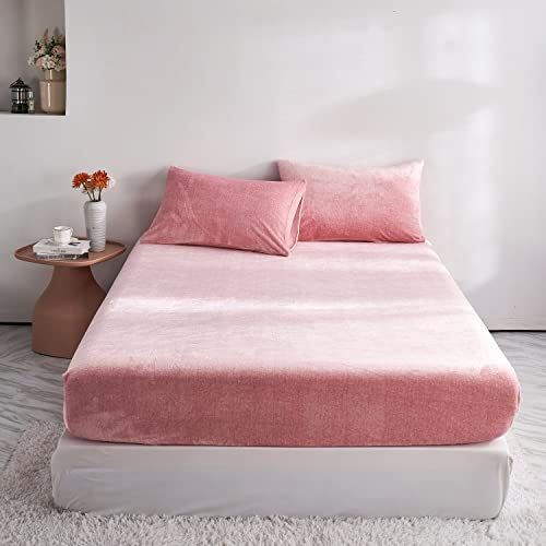 Damier Winter Spannbettlaken 90x200cm Rosa Flauschige Warme Samt Bettlaken Teddy Plüsch Spannbetttuch Geeignet für 30cm Matratze