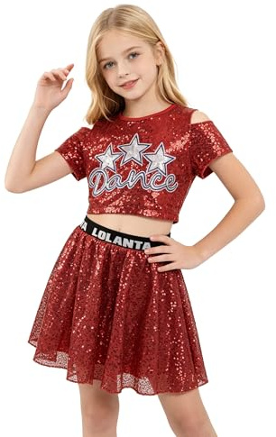 LOLANTA Abiti da Ballo per Ragazze con Paillettes, Abiti da Ballo Hip Hop Jazz Scintillanti, Top Corti con Gonna, Rosso, 5-6 Anni, 120