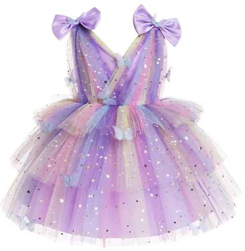 IDOPIP - Vestido para niñas, 3D con mariposa, cuello en V, tul tutú, el arco iris, princesa, formal, fiesta sin mangas, de malla para tarta, suave, dama de honor, morado, 2-3 Años