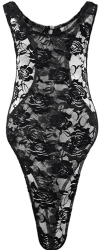 GENEMEN Mens Sheer Bodysuit Sexy Mesh Lace Floral One Piece Swimsuit Sissy Thong Leotard Jumpsuit (Black)