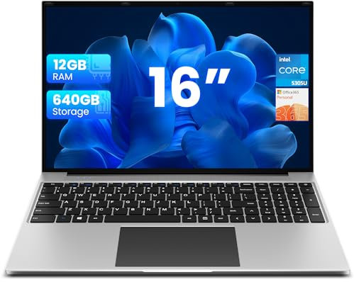 jumper 16 Inch Laptop, 1920x1200 FHD IPS Display (16:10), Celeron 5305U Notebook, 12GB RAM 640GB(128G eMMc+512G SSD Laptops, Dual-Band Wi-Fi, UK Keyboard Film.
