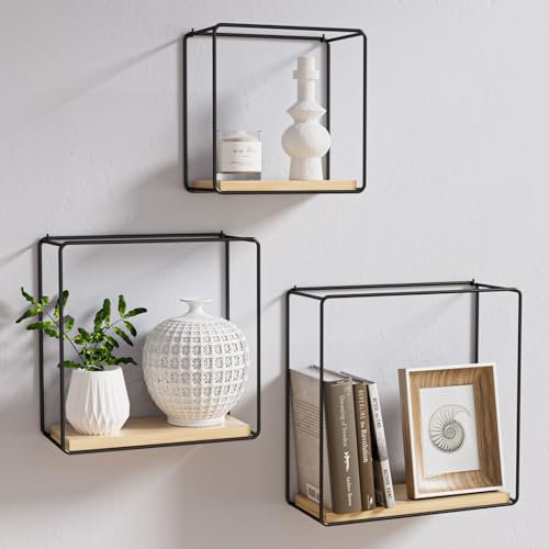 Xtsuen Wandregal,3 Verschiedene Größen Schwarz Schwebende Metallregal,Holzmaserung Wandregal,Regale für Wände,Wohnzimmer Küche Schlafzimmer Büro Wanddeko