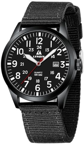LN LENQIN Mens Watches Military Watch Field Watch Analog Quartz Watches for Men Luminous Army Tactical Outdoor Sports Waterproof Men's Wrist Watches with Date and Nylon Strap (All Black)
