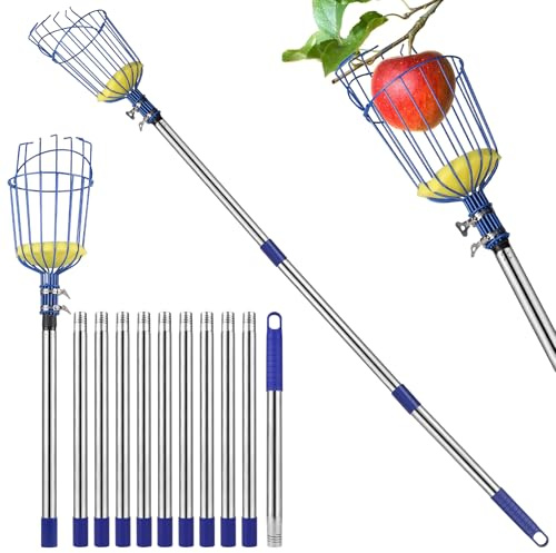 DBREAKS Raccogli Frutta, 4,2M Raccogli Mele con Manico Telescopico, Palo in Acciaio Inox Leggero Raccogli Frutta, Acciaio Inox Cestino con Cuscinetto in Schiuma, Diametro 16 cm