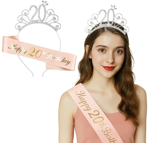 20 Ans Couronne Anniversaire Écharpe, 20 Ans Anniversaire Ceinture et Diadème pour Femme, Decoration Anniversaire 20 Ans, Femme Anniversaire Diadème Couronne, Cadeau Anniversaire Femme 20 Ans