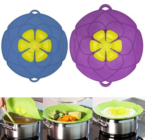 Spill Stopper Lid, Anti Spill & Boil Over Safeguard, Silicone Pot Cover, Multi-Function Kitchen Tool (11(Purple)+10.2(Blue))