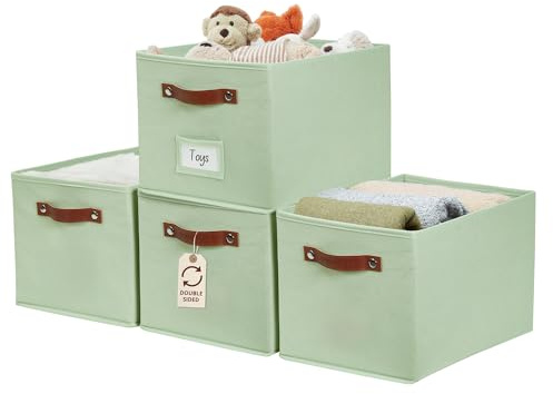 DECOMOMO Storage Baskets for Shelves - Large 15x11x10 Foldable Fabric Storage Bins, Baskets for Organizing with Labels (Green, 4pcs)