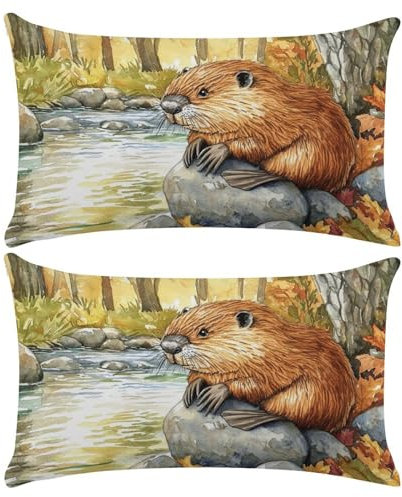 Cushion Covers Outdoor Waterproof Linen Pillowcases Set of 2 Beaver Throw Pillow Covers 30x50 cm Decorative Oblong Lumbar Pillow Cases Large Cushions for Livingroom Sofa Bed, 12x20 in M-1846