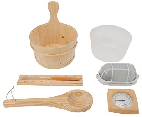 Sauna Room Wooden Bucket Kit Premium Spruce Leakproof High Temperature Resistant Handle For Sauna SPA Shower Swimming Pool Includes Spoon Hygrothermograph Explosion Proof Lamp